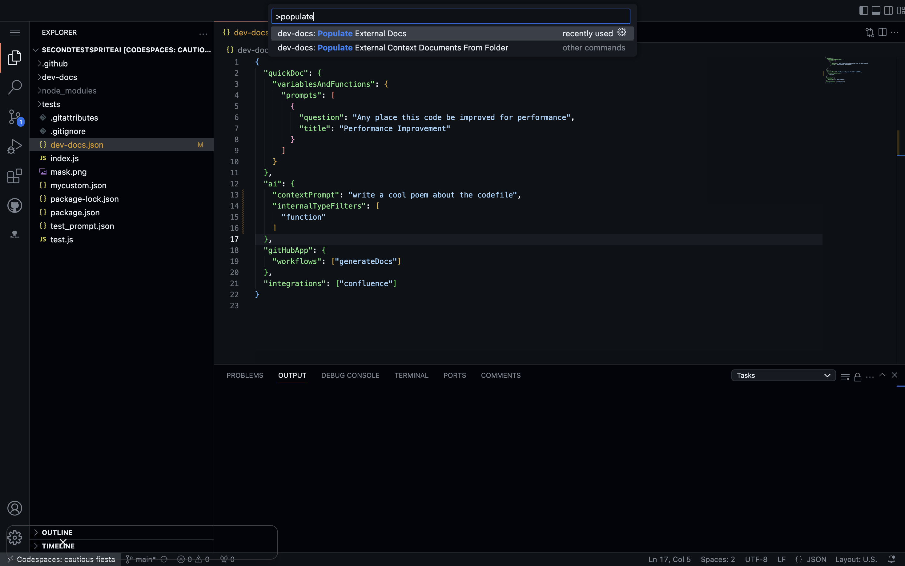 VS Code interface showing dev-docs.json